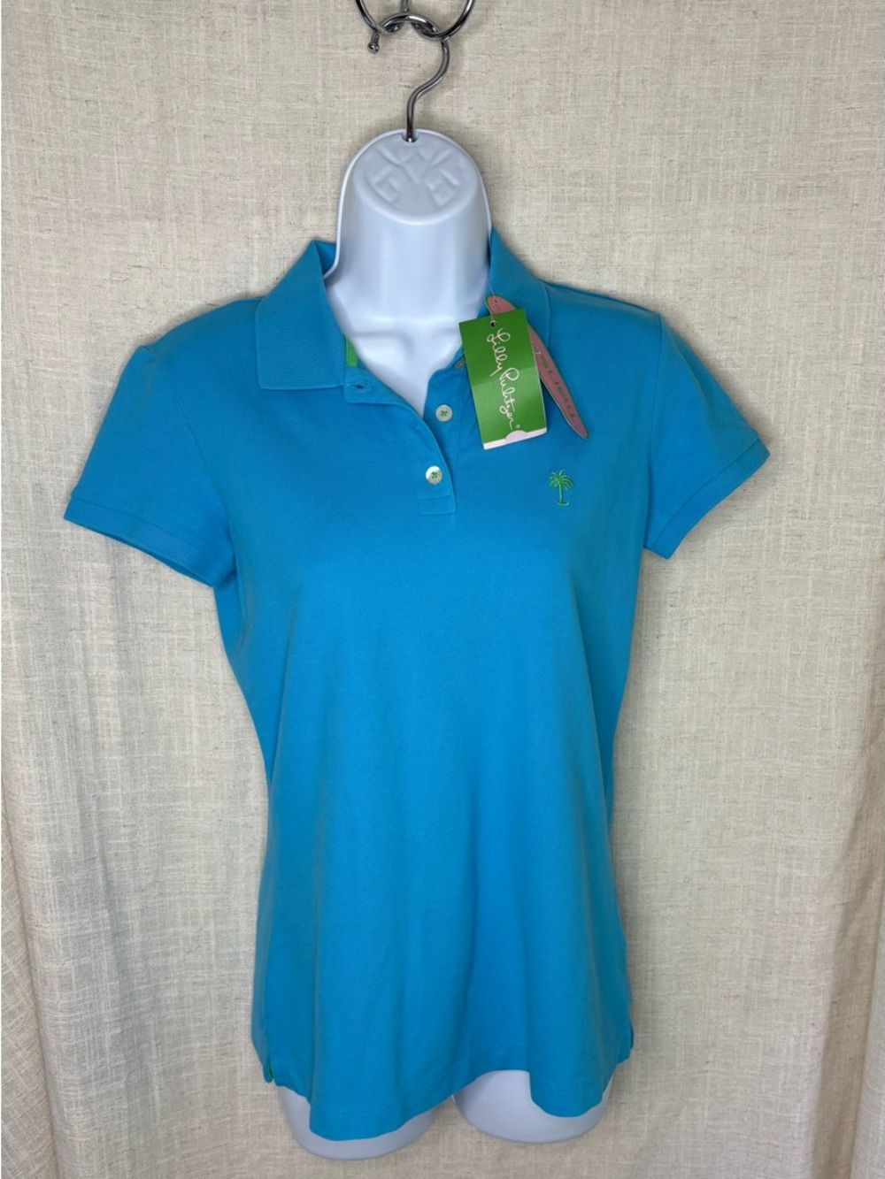 NWT Lilly Pulitzer Ariel Blue TransDRY Island Polo Shirt Palm Tree Logo S